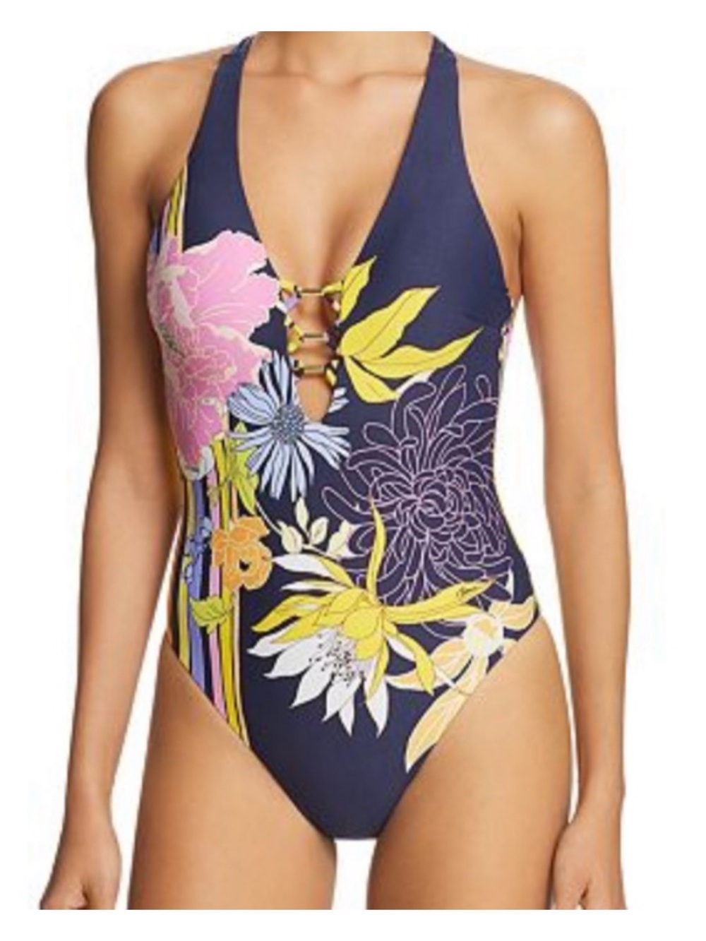 Trina Turk Bal Harbour‎ One Piece Swimsuit Floral Gold Hardware Navy Pink 8